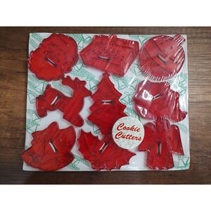 VTG Christmas Cookie Cutter Set 9 Pcs Red Plastic Stamped Cutters Santa Tree B11
